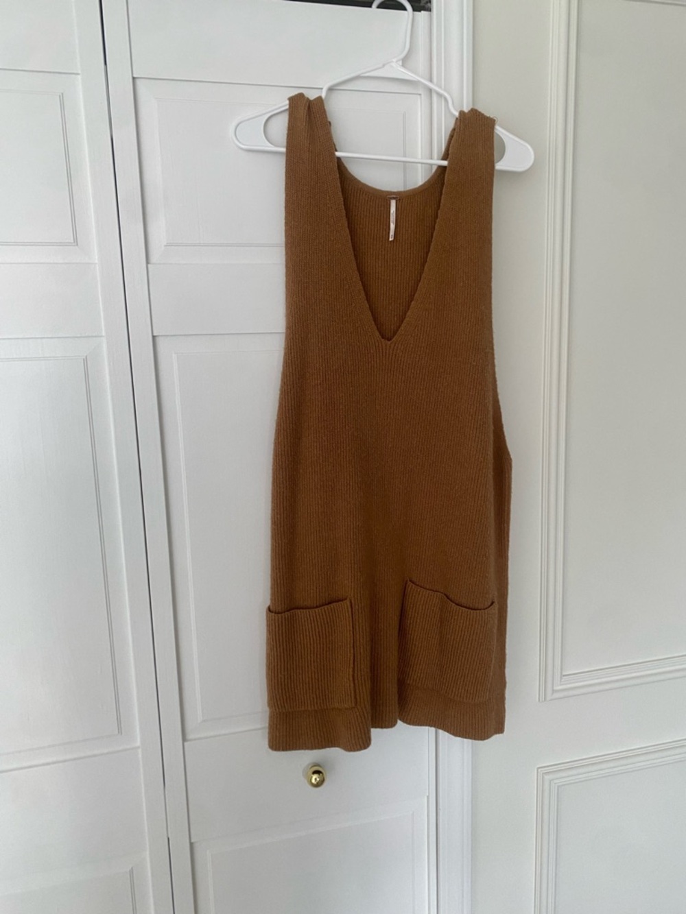 Free People Ribbed V-Neck Knit Dress in Caramel Brown